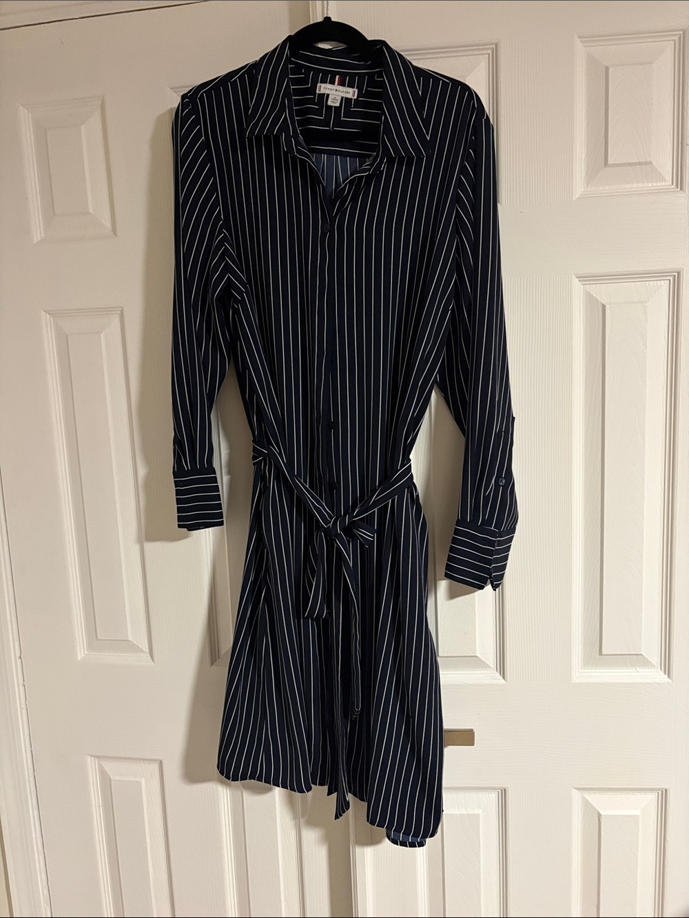 Tommy Hilfiger Navy and White Pinstripe Shirt Dress with Waist Tie